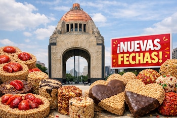 Dulces de amaranto de diversas formas y colores en primer plano; el Monumento a la Revolución y un cartel rojo con "¡NUEVAS FECHAS!" en el fondo.