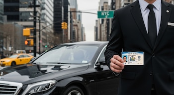Primer plano de un hombre con traje sosteniendo una licencia de conducir de Nueva York, con un coche de lujo negro y edificios de la ciudad al fondo.