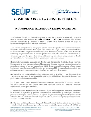 Sindicatos del Inpec reclamaron al Gobierno Nacional y a las autoridades reforzar la protección, revisar los protocolos de inteligencia y prevenir retaliaciones tras los traslados y las amenazas - crédito Seup/Facebook