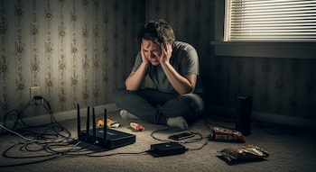 Joven frustrado sentado en el suelo con las manos en la cabeza, mirando un router negro rodeado de cables. Se observa un enchufe en la pared y una ventana.
