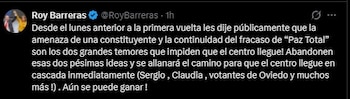 Roy Barreras afirmó que la propuesta de una constituyente y la continuidad de la Paz Total alejaron al electorado de centro durante la campaña - crédito Roy Barreras/X