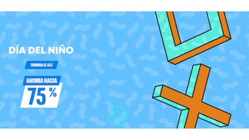Fondo azul claro con patrón de ondas y texto blanco 'Día del Niño', 'Ahorra hasta 75%', y 'Termina el 6/5'. Formas geométricas 3D naranjas y turquesas