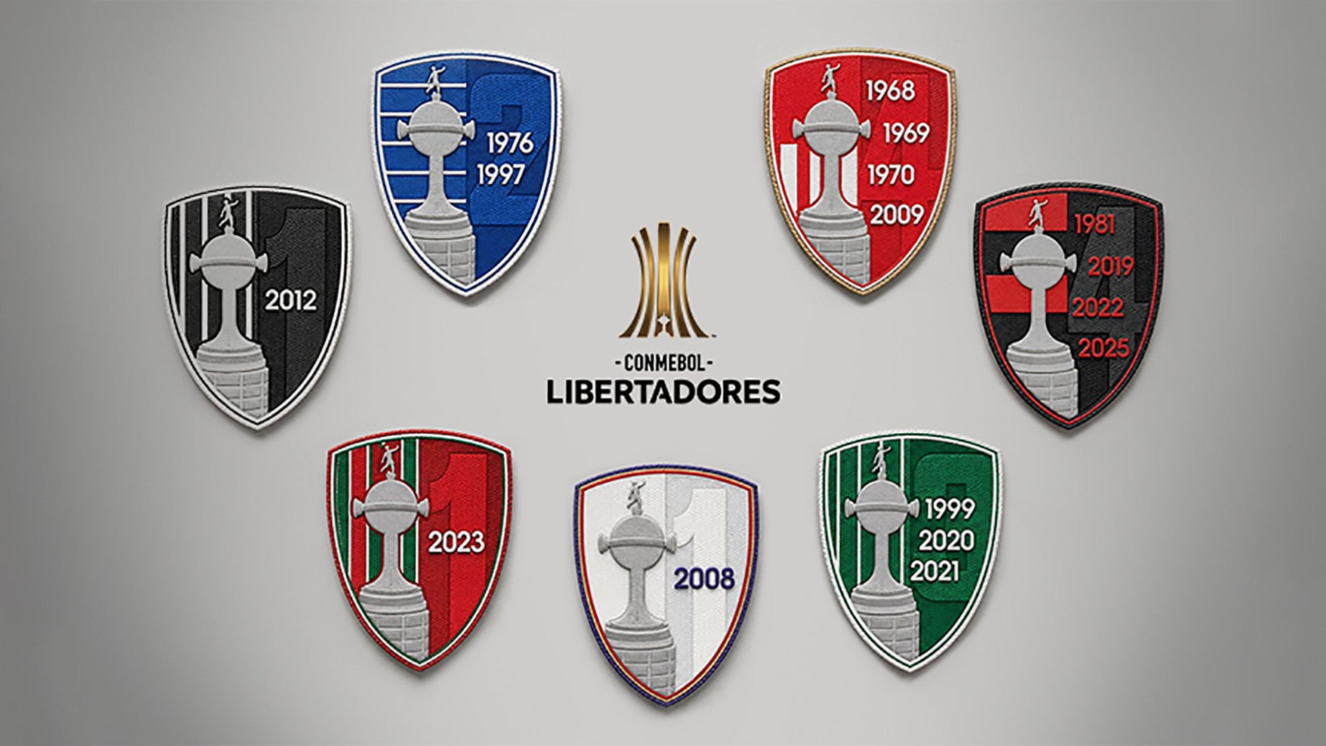 Los equipos clasificados a octavos de final de la Copa Libertadores y que ostentan títulos en la competencia usarán estos parches conmemorativos que incluyen el trofeo y los años de la gesta