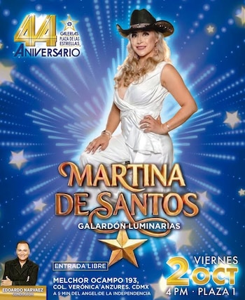 Cartel con la cantante Martina De Santos usando sombrero vaquero y traje blanco sobre un fondo azul con estrellas y datos del evento