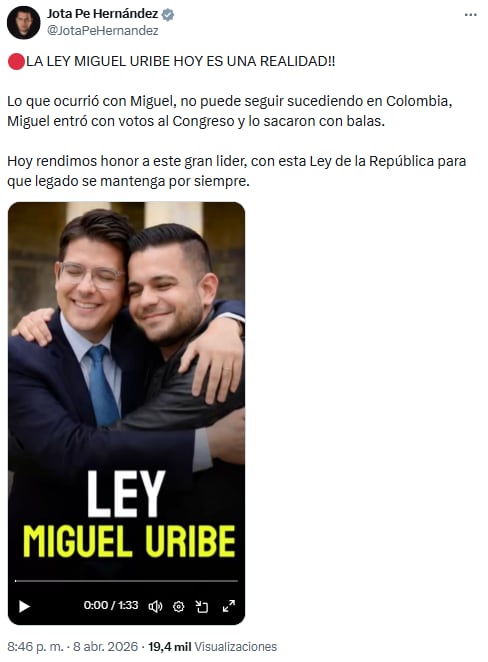 Jota Pe Hernández impulsó iniciativa legislativa en memoria a Miguel Uribe Turbay - crédito @JotaPeHernandez/X