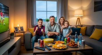 Cuatro personas (dos adultos, un niño, una niña) sentadas en un sofá gris viendo un partido de fútbol en la TV. La mesa tiene palomitas, papas, alitas y bebidas.