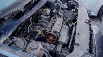 Vista interior del motor de un automóvil con correas, mangueras, piezas mecánicas y depósitos de fluidos.