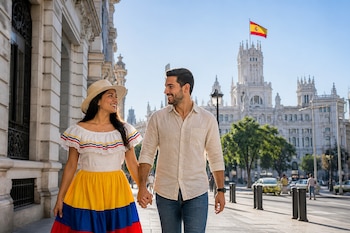 Un hombre y una mujer caminan de la mano en una calle de Madrid frente al Palacio de Cibeles y una bandera de España.