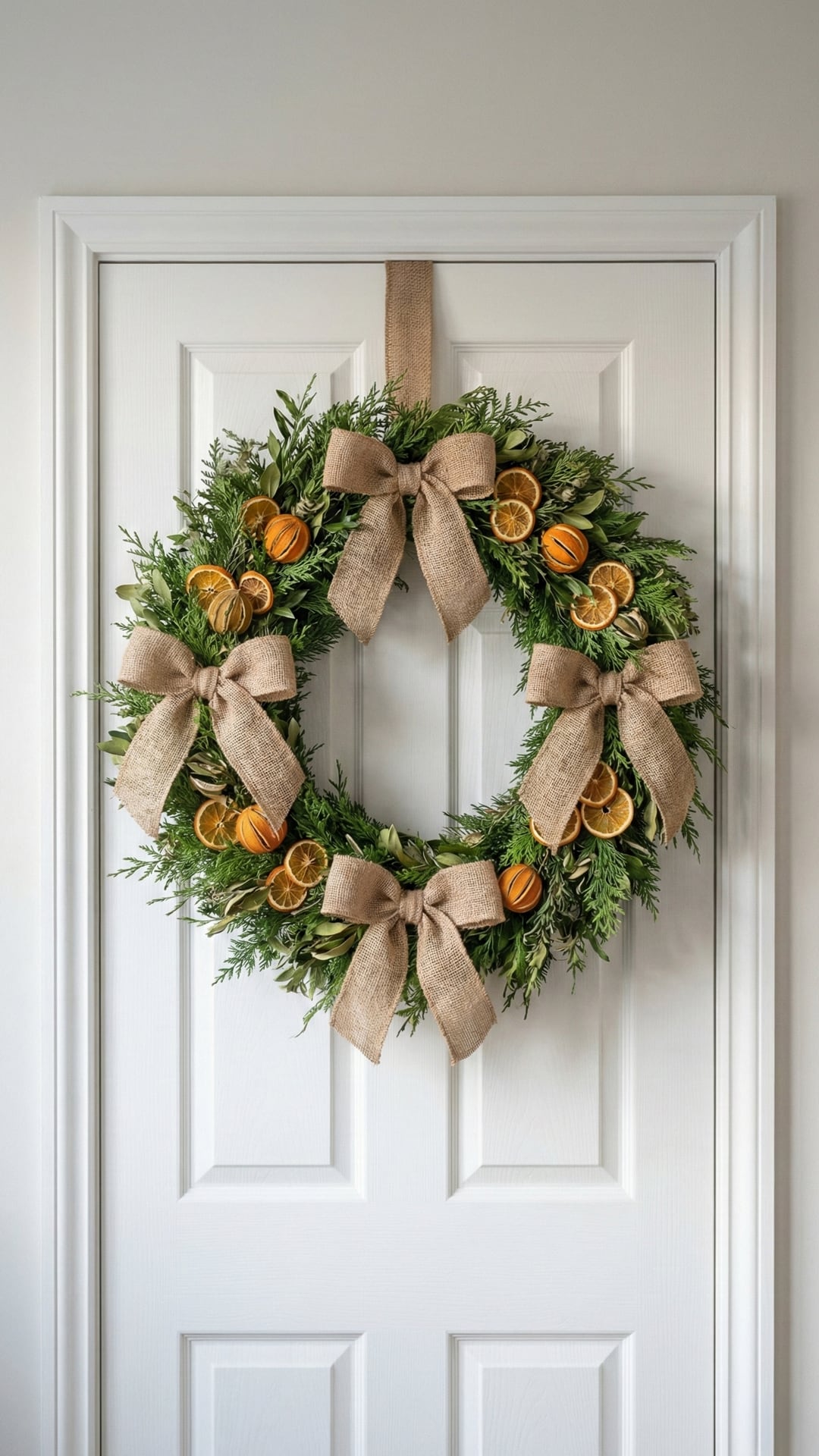 Guirnaldas de eucalipto fresco con elementos naturales como frutas secas logran un adorno navideño elegante y original
