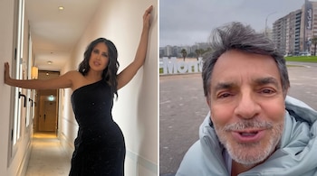 Salma Hayek con vestido negro apoyada en una pared y Eugenio Derbez en un primer plano en la intemperie con un cartel de fondo.