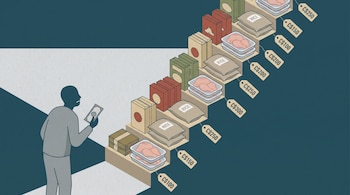 Ilustración de una persona con billete frente a una escalera ascendente de paquetes de pollo y arroz con precios crecientes en córdobas.