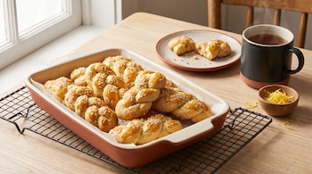Galletas trenzadas con sésamo en una fuente de cerámica, un plato con una galleta partida y una taza de té sobre una mesa.