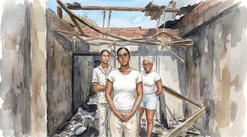 Ilustración acuarela de tres mujeres de pie dentro de una casa quemada; las paredes están ennegrecidas y el techo parcialmente derrumbado.