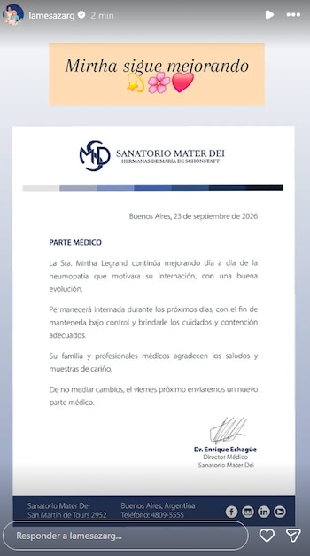 Nuevo parte médico de Mirtha Legrand