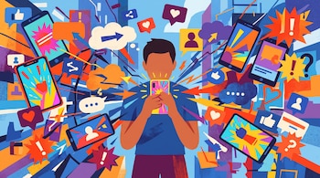 Ilustración de una persona con un teléfono móvil rodeada de pantallas, flechas, globos de diálogo e íconos de corazones y signos de exclamación.