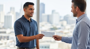 Dos hombres, un empleador y un empleado hispano, intercambian un cheque en una oficina moderna. El fondo muestra edificios urbanos borrosos a través de una ventana.