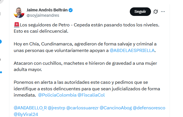 Jaime Andrés Beltrán pidió a las autoridades que se investiguen los hechos de violencia ocurridos en Chía - crédito @soyjaimeandres/X