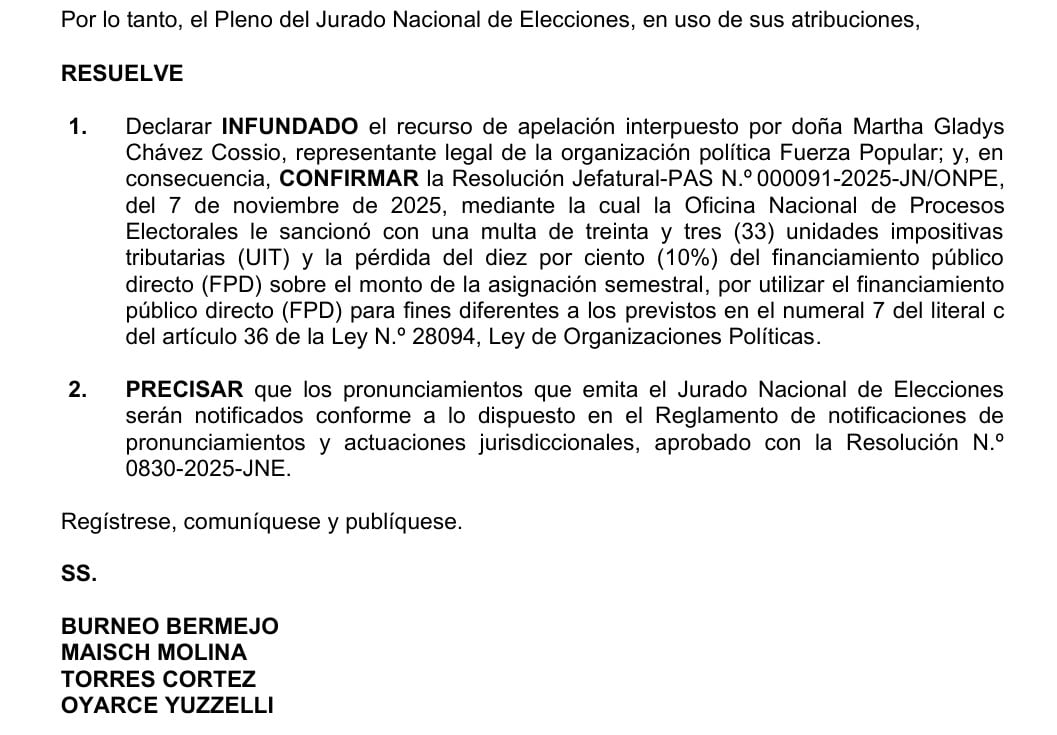 JNE confirma sanción a Fuerza Popular