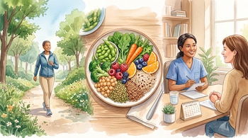 Ilustración en acuarela de una mujer que camina por un parque, un plato con vegetales y granos, y una doctora que atiende a una paciente.