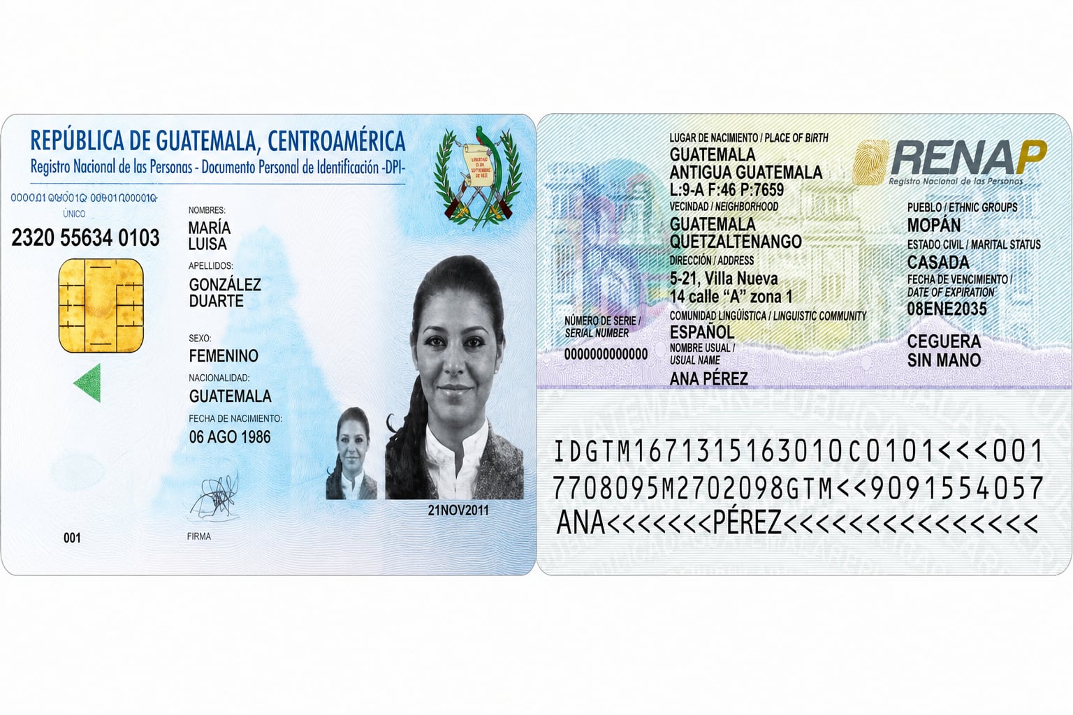 Un Documento Personal de Identificación de Guatemala expone los datos de filiación y registro ciudadano en su cara frontal y posterior. (Imagen Ilustrativa Infobae)