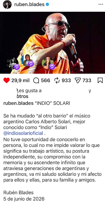 El posteo de Rubén Blades para despedir al Indio Solari (Instagram)