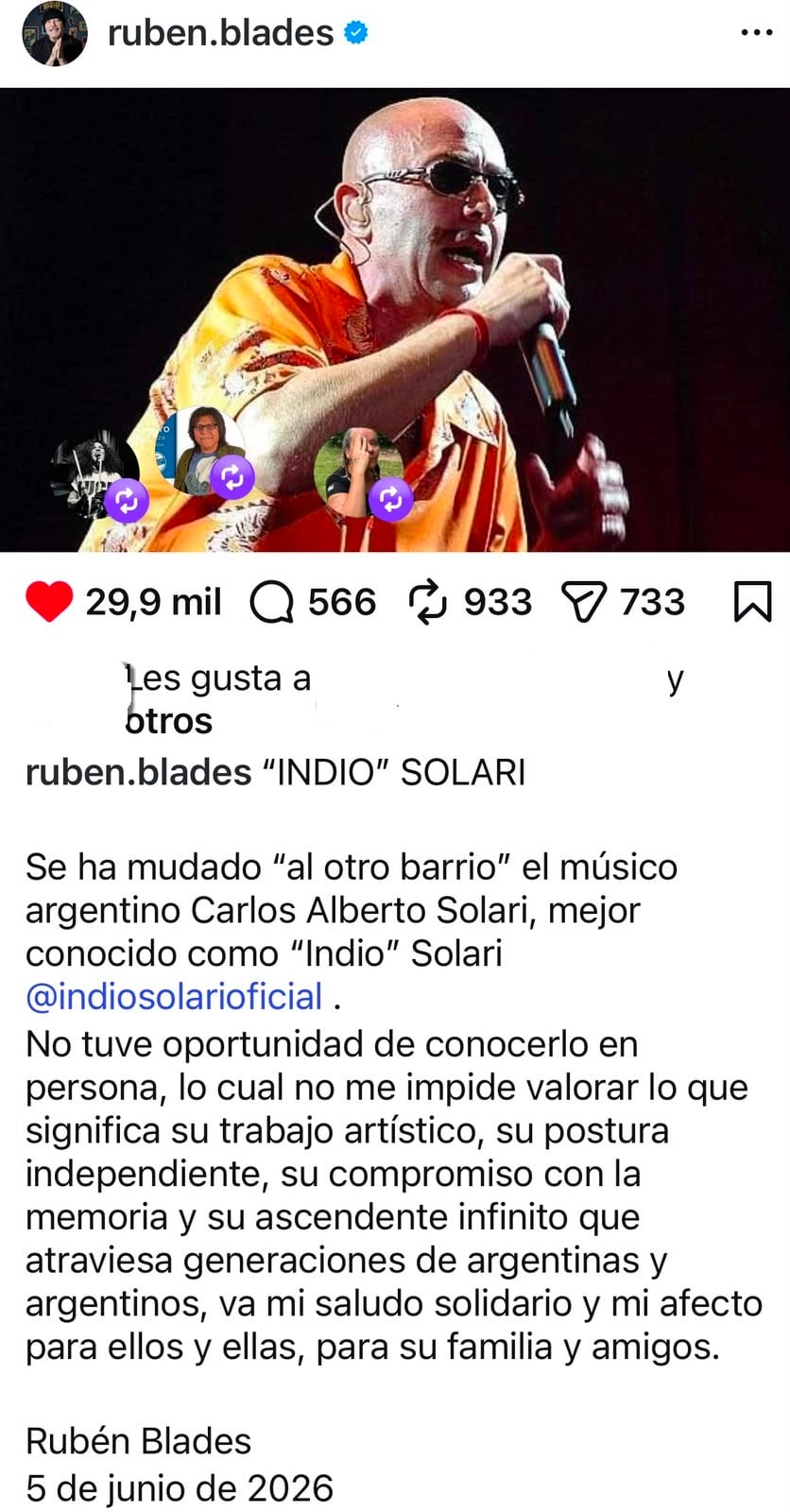 El posteo de Rubén Blades para despedir al Indio Solari (Instagram)