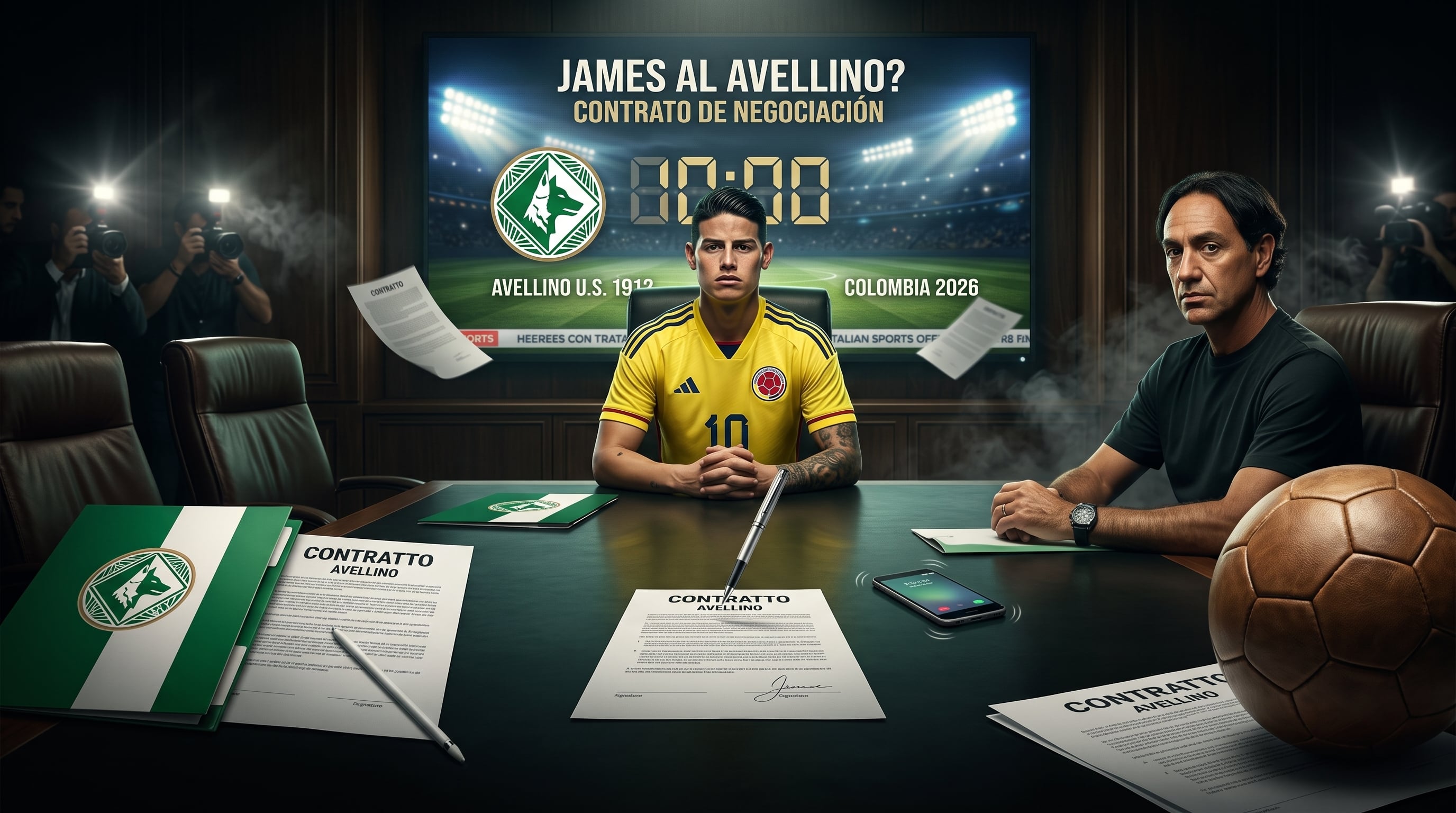 James Rodríguez y Alessandro Nesta analizan documentos de contrato durante una reunión sobre un traspaso al club italiano Avellino. (Imagen Ilustrativa Infobae)