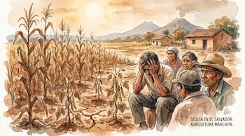 Ilustración acuarela de campos de maíz y frijol marchitados, suelo agrietado y cuatro agricultores angustiados, con casas y montañas al fondo.