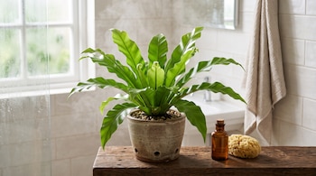 Planta verde en maceta sobre madera junto a un frasco y una esponja frente a una ventana.