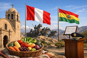 Fachada de iglesia colonial, bandera peruana, escultura ecuestre, bandera boliviana, atril con partitura, gorra de policía, cesta con frutas y verduras frescas.