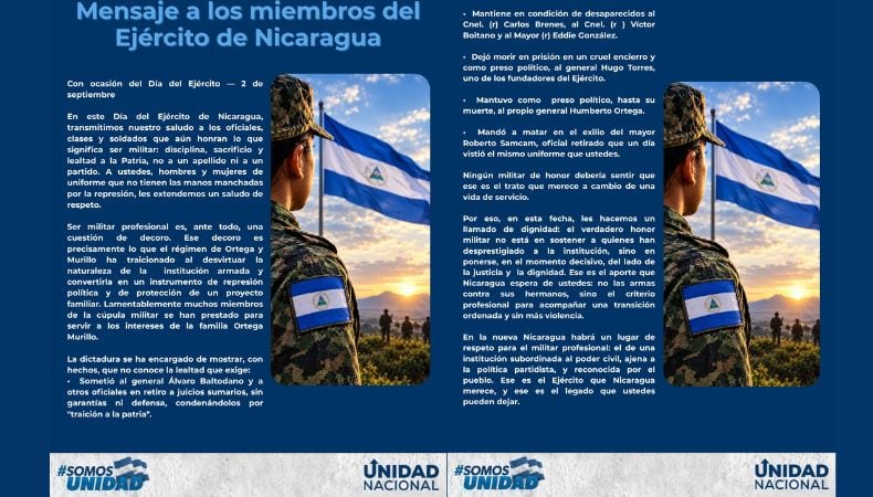 El comunicado apuntó contra la cúpula militar por ponerse al servicio de los intereses de la familia gobernante. (Cortesía: Unidad Nacional)