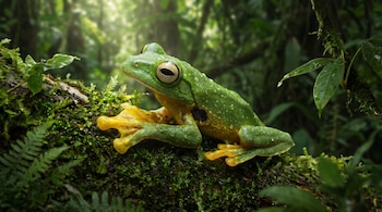 Una rana de piel verde con patas amarillas y grandes ojos negros redondos se posa en una rama cubierta de musgo con gotas de agua y hojas verdes.