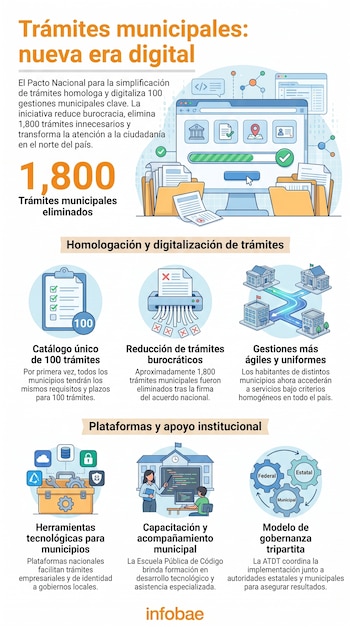 Infografía con título Trámites municipales: nueva era digital. Muestra texto, gráficos, iconos de computadora, documentos, edificios, herramientas y engranajes.