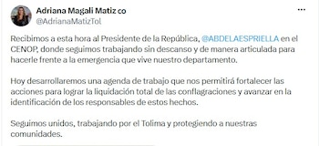 La gobernadora Adriana Magali Matiz confirmó la llegada del presidente de la República al Tolima en medio de la emergencia por incendios forestales y aseguró que en el Puesto de Mando Unificado se definirá una agenda para contener las llamas e identificar responsables - crédito @AdrianaMatizTol/X