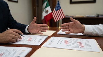 Manos de funcionarios revisan documentos con sellos de "evidencia" y "confidencial" sobre un escritorio. Banderas de México y Estados Unidos de fondo.