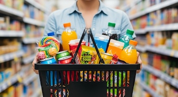 Primer plano de una persona sosteniendo una canasta de supermercado llena de botellas de refrescos, jugos, latas de bebidas y varios dulces coloridos.