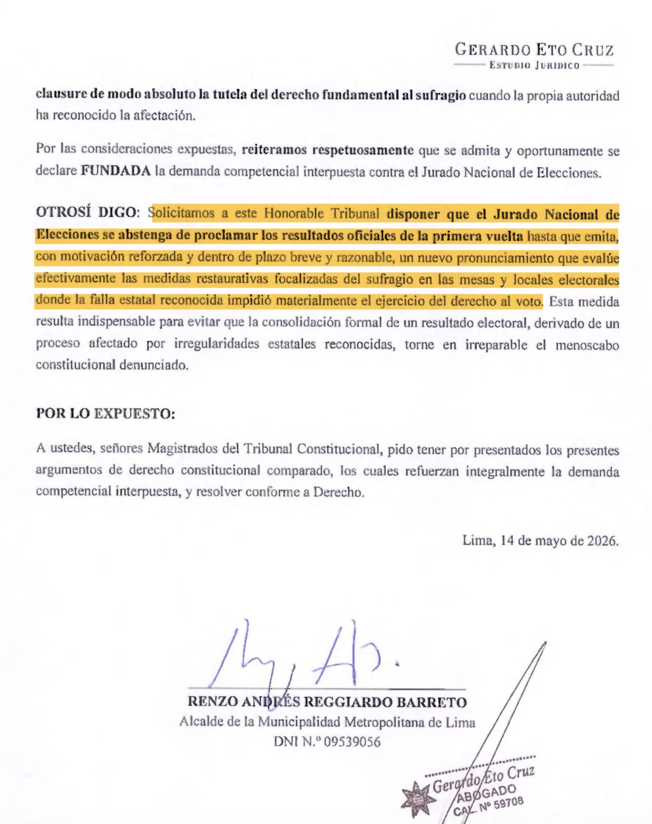 Nuevo pedido de Renzo Reggiardo al TC