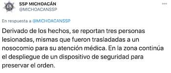 La SSP Michoacán informó sobre un ataque armado en el municipio de Chinicuila, que dejó tres heridos (Foto: Twitter/MICHOACANSSP)