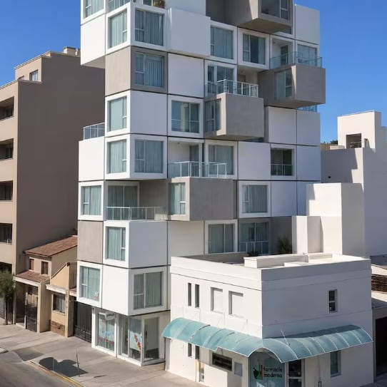 “La caja que sobresale del piso de abajo le genera al de arriba una terraza de 3 metros por 3,5 metros”, explicó el arquitecto Oporto sobre el edificio Qube