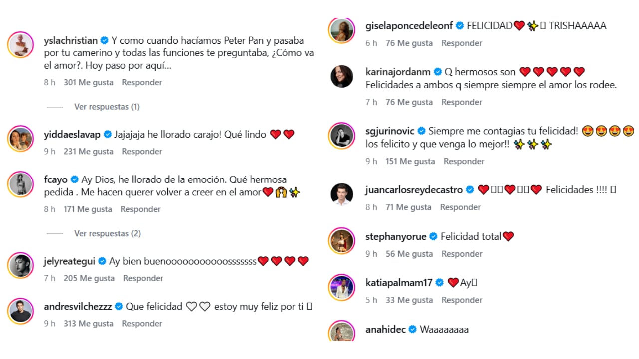 El video del compromiso de Patricia Barreto recibió mensajes de figuras del medio artístico peruano como Fiorella Cayo, Yiddá Eslava y Andrés Vílchez.
