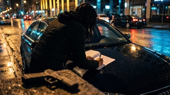 Silueta de una mujer de espaldas firma un documento sobre el capó de un auto negro en una calle urbana de noche, con una pistola en primer plano desenfocada.