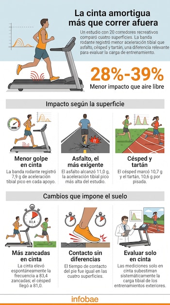 Infografía con ilustraciones de personas corriendo en cinta, asfalto, césped y pista, acompañada de gráficos y texto.