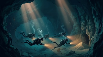 Ilustración de cinco buzos con equipo completo nadando horizontalmente en una cueva submarina oscura. Rayos de luz solar y linternas iluminan la escena azul-verdosa, con burbujas ascendiendo.
