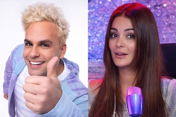 La imagen dividida muestra a un hombre rubio sonriente haciendo un pulgar arriba y a una mujer de cabello castaño frente a un micrófono iluminado.