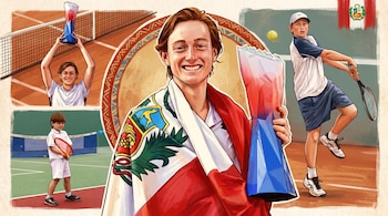 Collage ilustrado de Ignacio Buse en varias etapas de su vida como tenista, con una imagen central envuelto en la bandera peruana y otras tres representaciones.