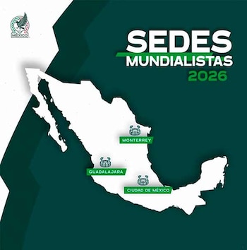 Mapa de México en verde oscuro y blanco, mostrando las ciudades de Monterrey, Guadalajara y Ciudad de México marcadas con iconos de estadio y texto