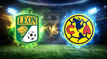 Escudos del Club León y del Club América separados por un texto dorado de Vs sobre la cancha de un estadio iluminado de noche.