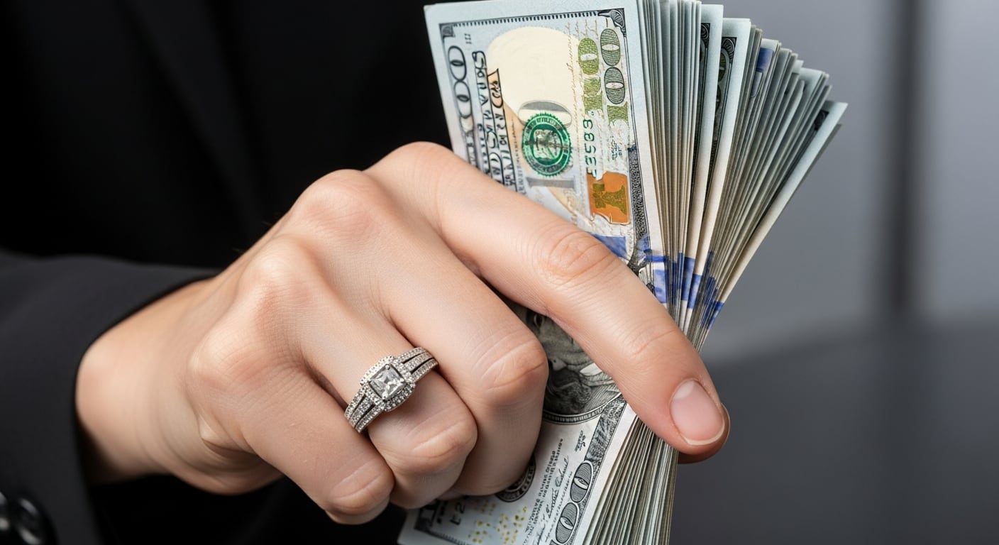 Una mano con un anillo llamativo sostiene un voluminoso fajo de billetes de 100 dólares estadounidenses, sobre un fondo neutro y elegante, simbolizando la riqueza y el éxito económico. (Imagen Ilustrativa Infobae)