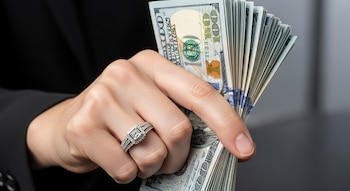 Primer plano de una mano con un anillo brillante en el dedo anular, sosteniendo un fajo grande de billetes de 100 dólares, con un fondo difuminado.