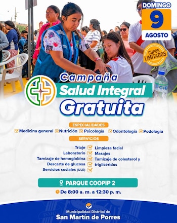 La campaña de salud se llevará a cabo desde las 8 hasta las 13 horas - Créditos: Municipalidad de San Martín de Porres.